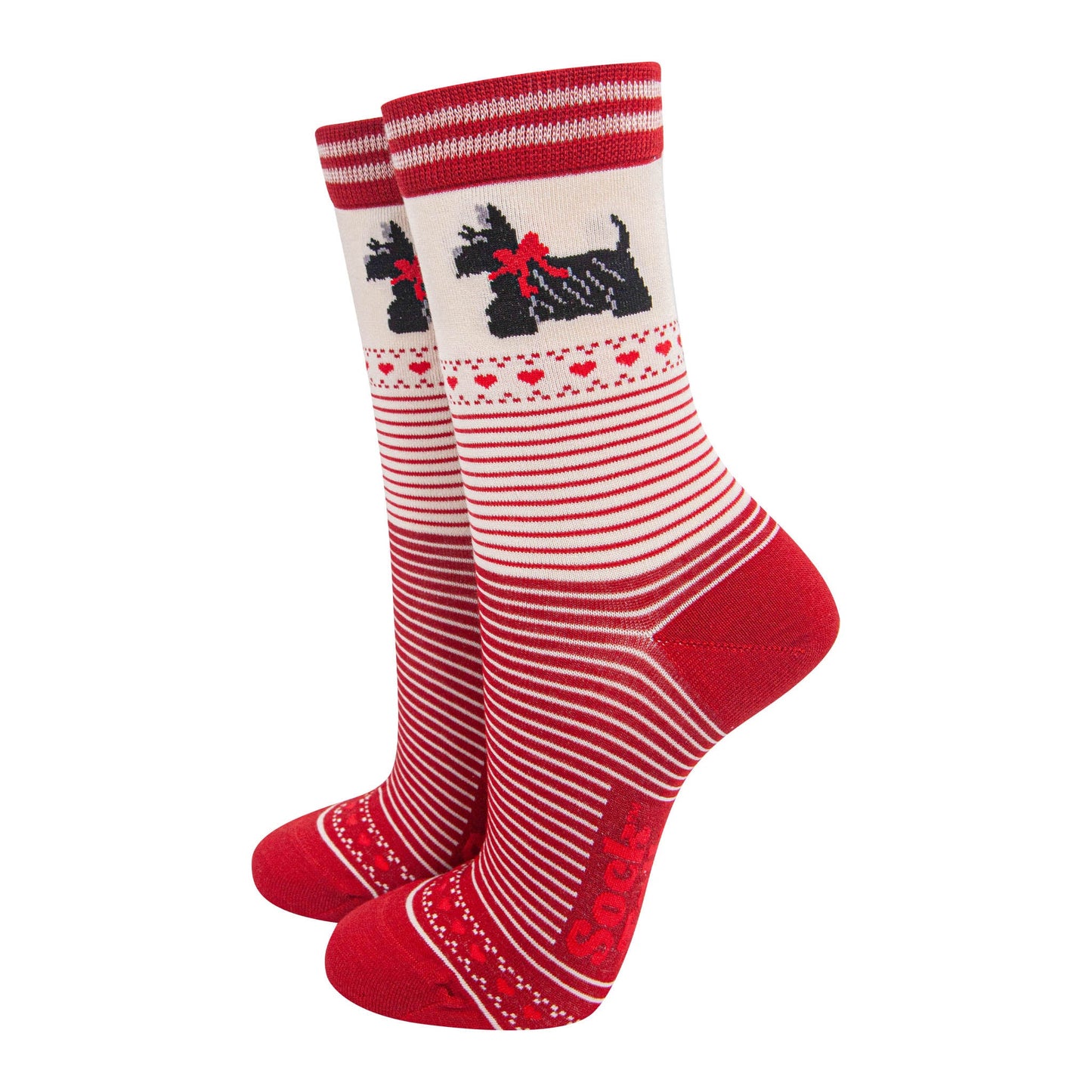 womens-bamboo-socks-cream-red-scottish-terriers-stripes-dogs