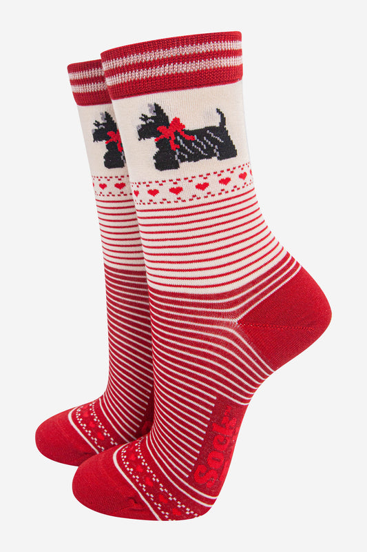 womens-bamboo-socks-cream-red-scottish-terriers-stripes-dogs