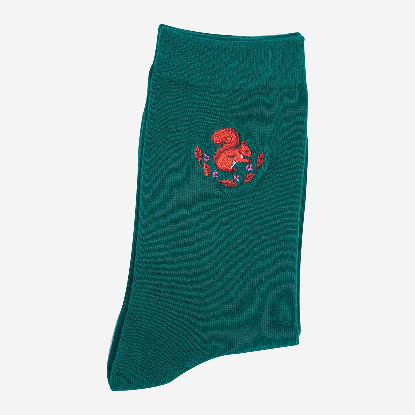 womens-embroidered-ankle-socks-forest-green-squirrel-folded