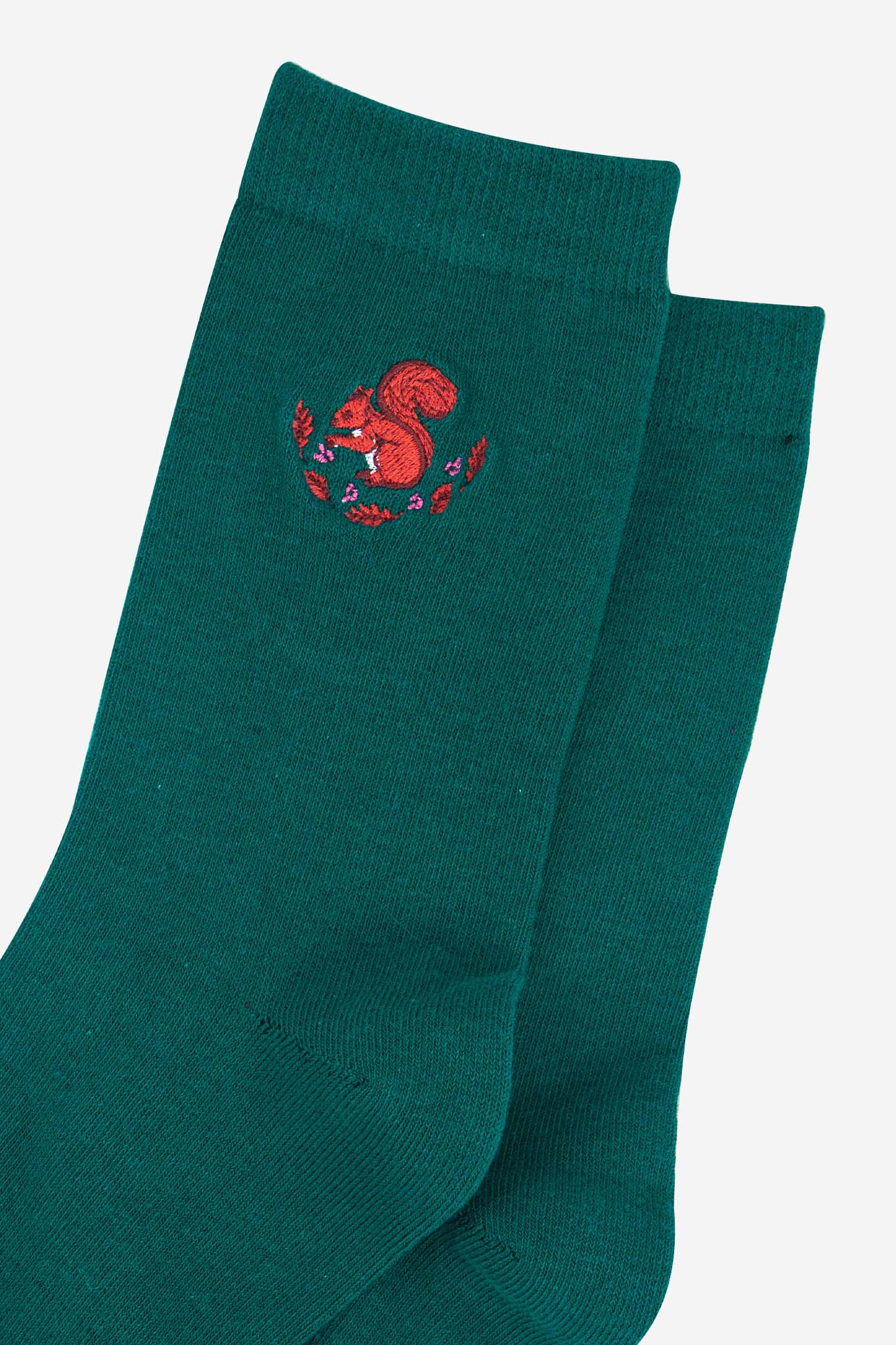 womens-embroidered-ankle-socks-forest-green-squirrel-close-up