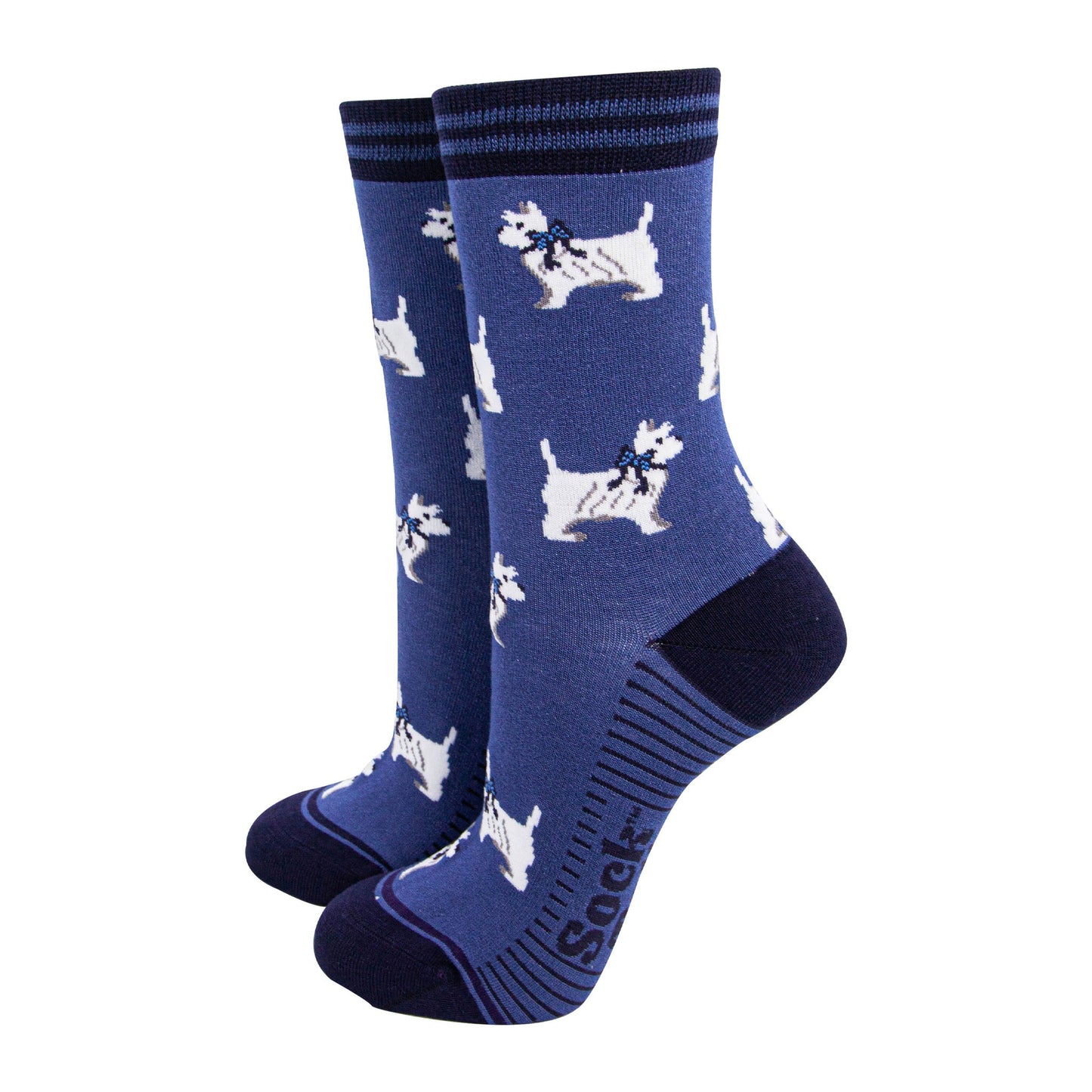 womens-bamboo-socks-denim-blue-navy-blue-west-highland-terrier-dogs