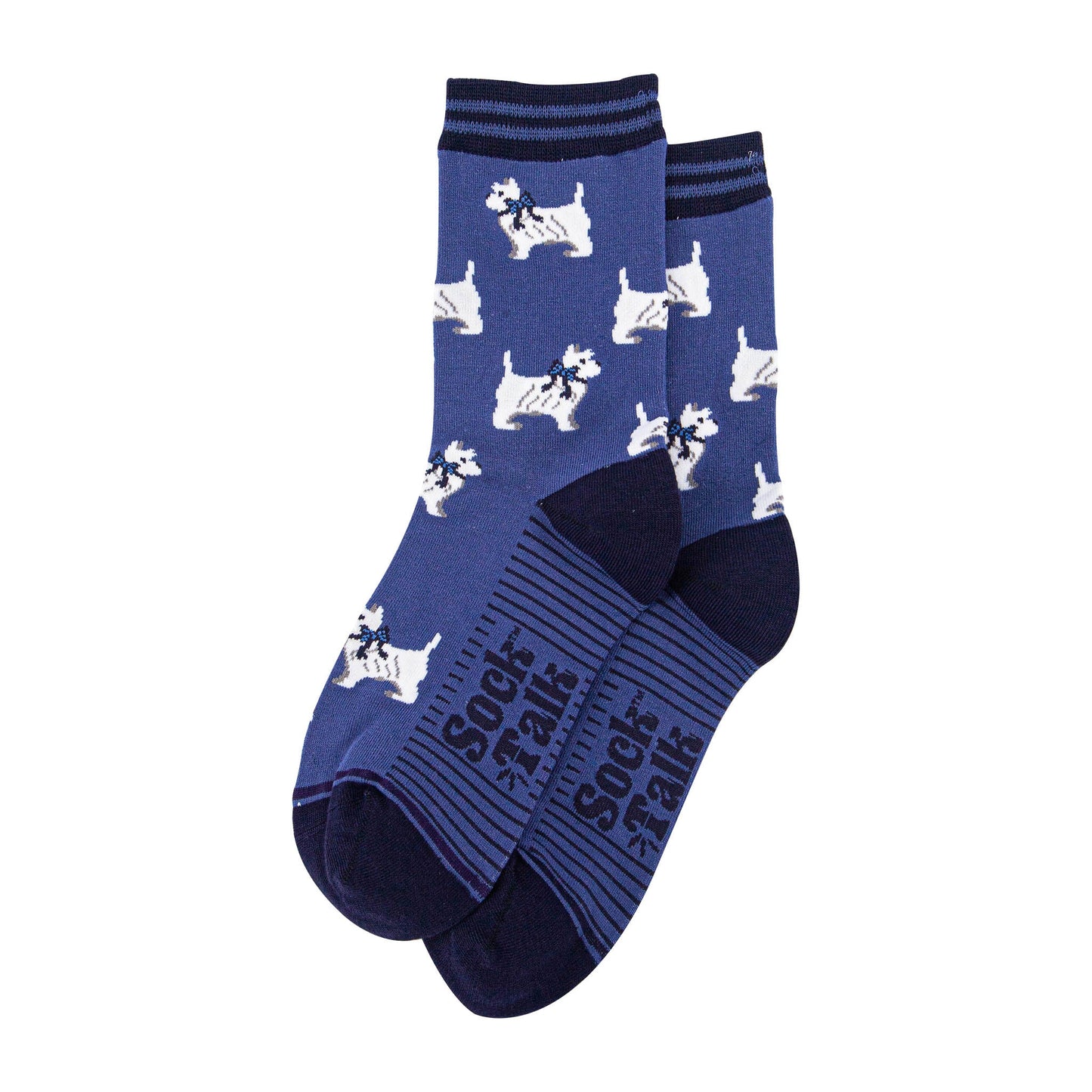 womens-bamboo-socks-denim-blue-navy-blue-west-highland-terrier-laying-flat