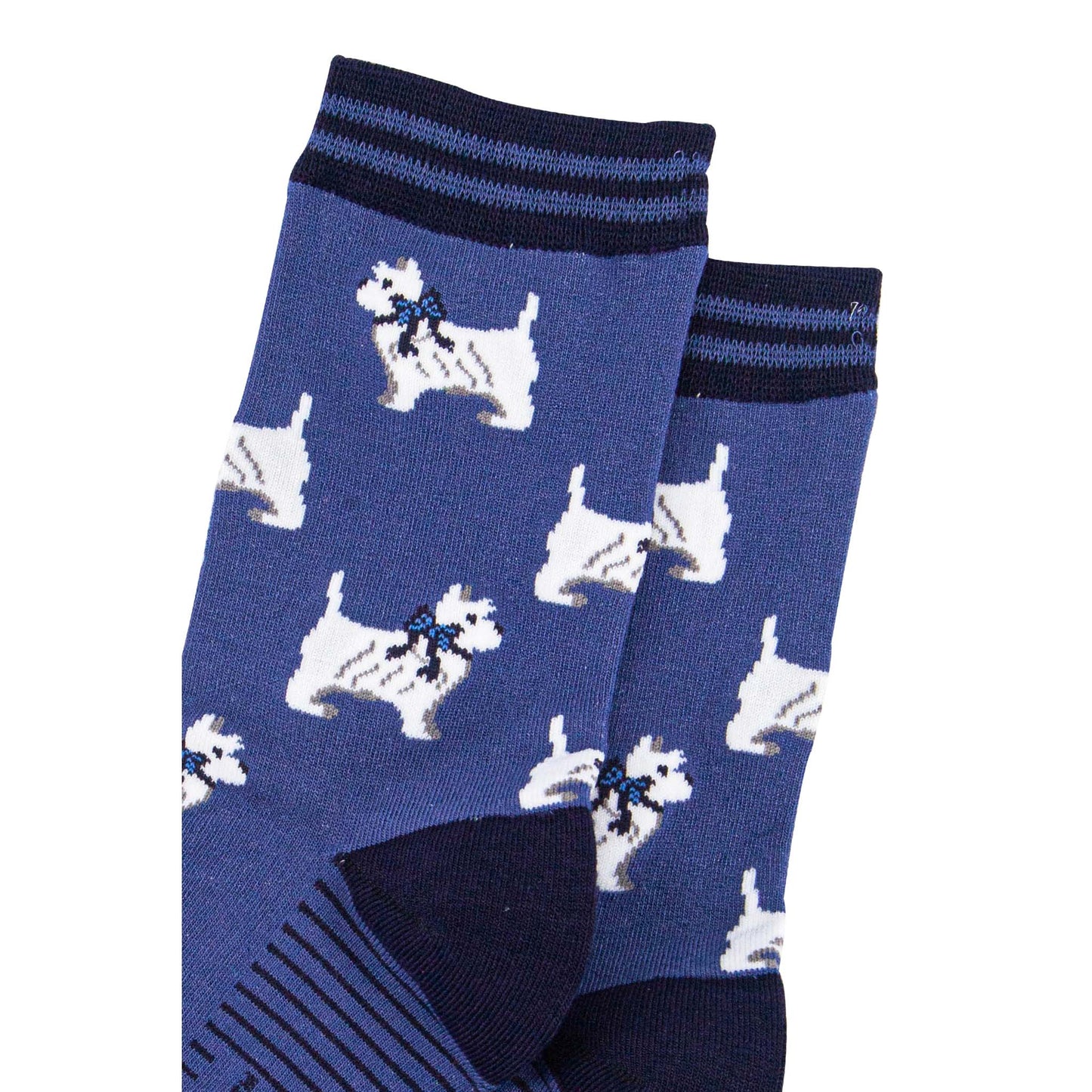 womens-bamboo-socks-denim-blue-navy-blue-west-highland-terrier-close-up