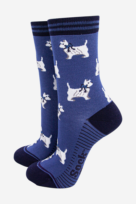 womens-bamboo-socks-denim-blue-navy-blue-west-highland-terrier-dogs