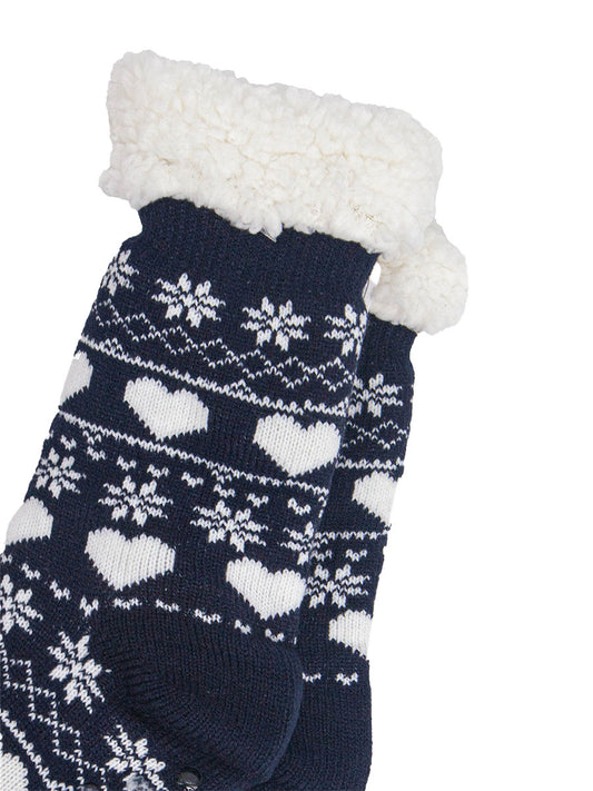 womens-long-slipper-socks-navy-fair-isle-close-up-pattern