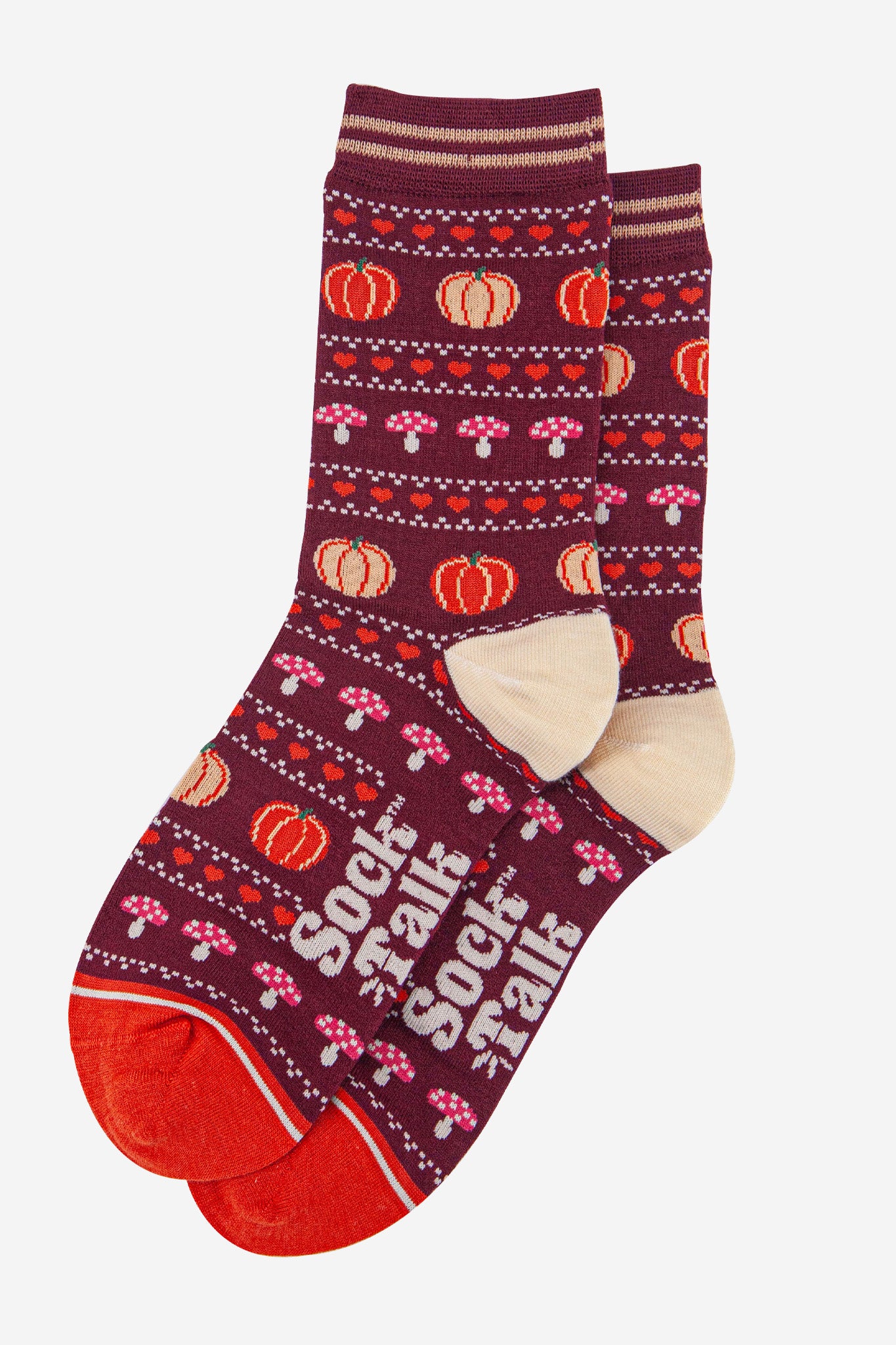 womens-bamboo-socks-berry-orange-pumpkin-and-toadstool-laying-flat