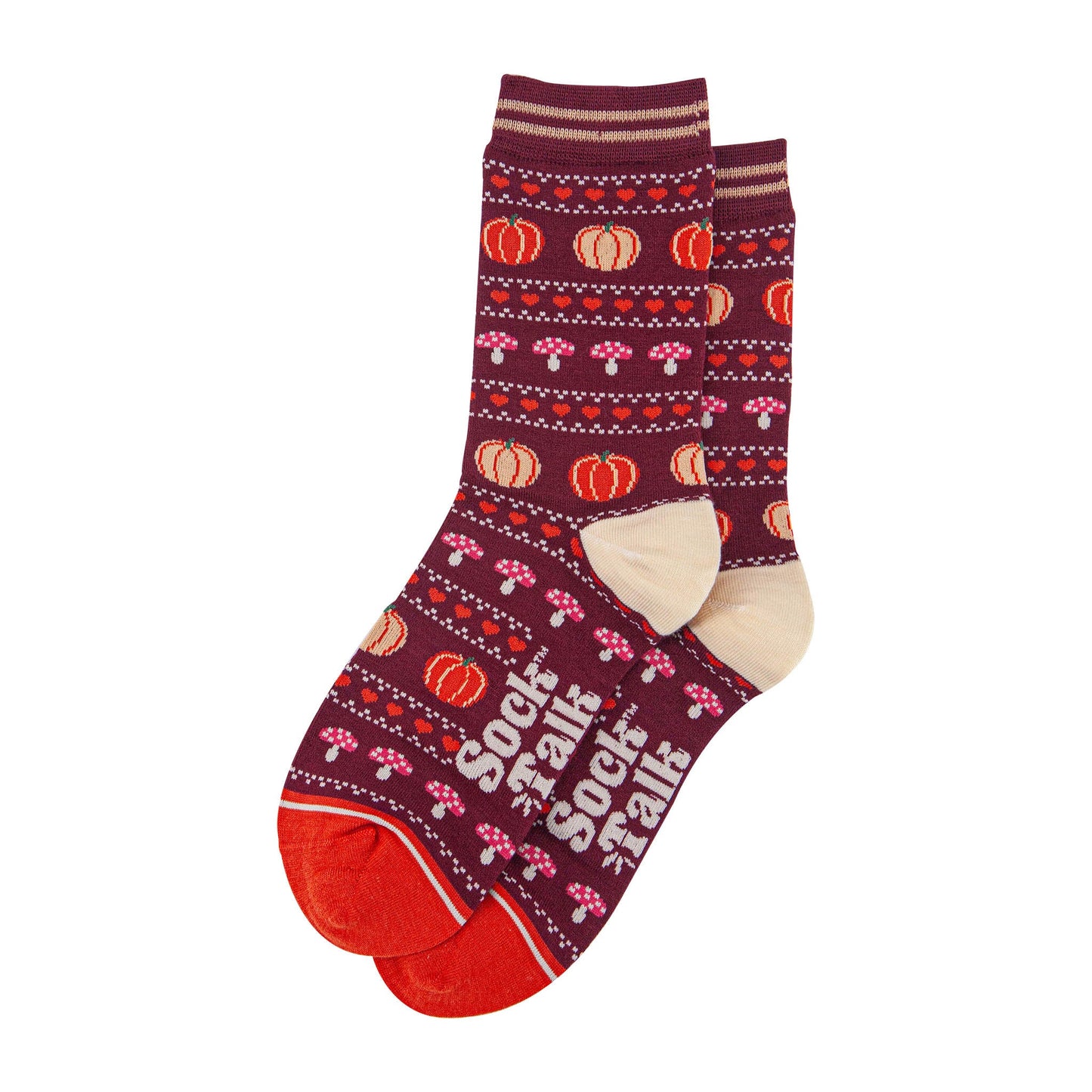 womens-bamboo-socks-berry-orange-pumpkin-and-toadstool-laying-flat