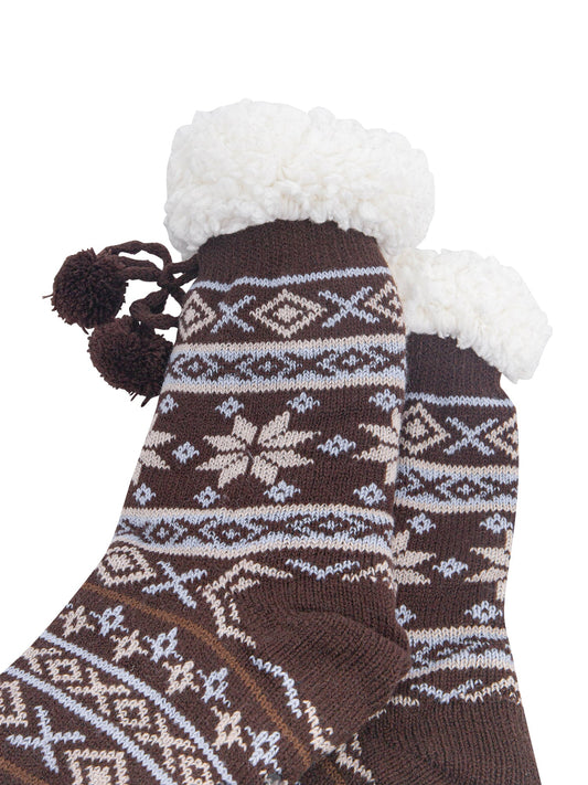 Nordic-Snowflake-Long-Slipper-Socks-in-Brown-Close-Up