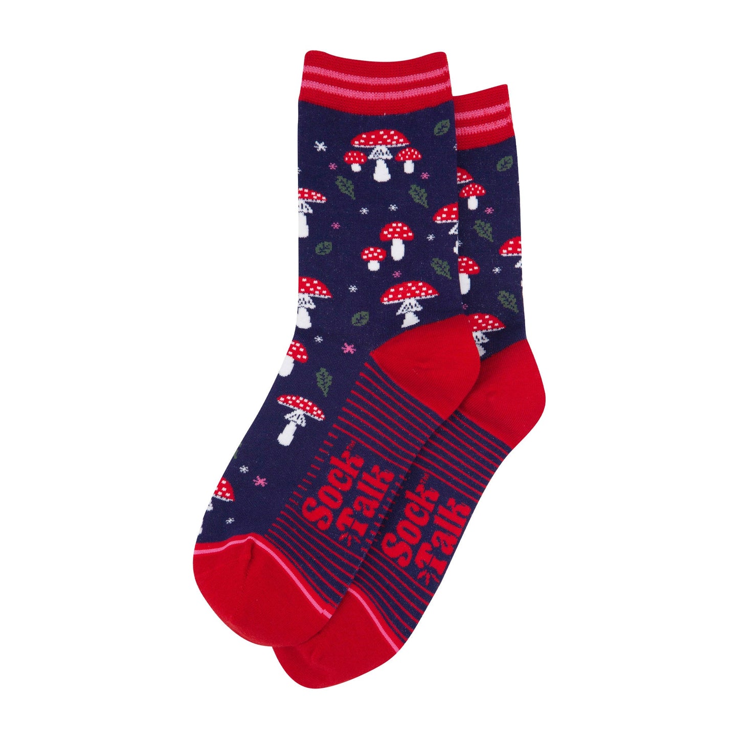 womens-bamboo-socks-navy-blue-red-toadstools-laying-flat