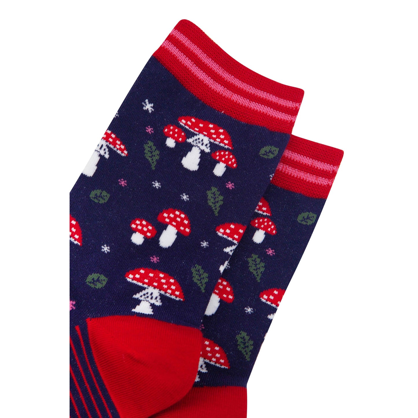 womens-bamboo-socks-navy-blue-red-toadstools-close-up