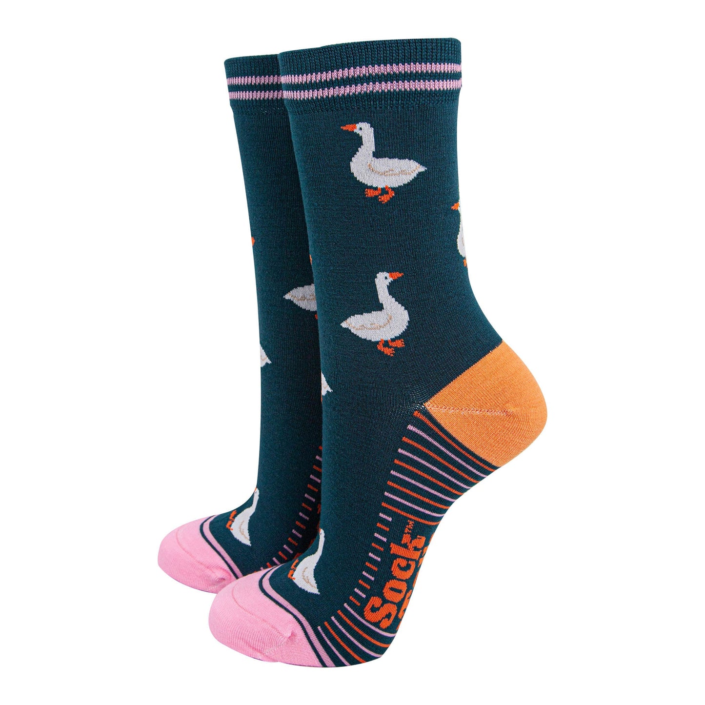 womens-bamboo-socks-forest-green-pink-silly-goose-birds