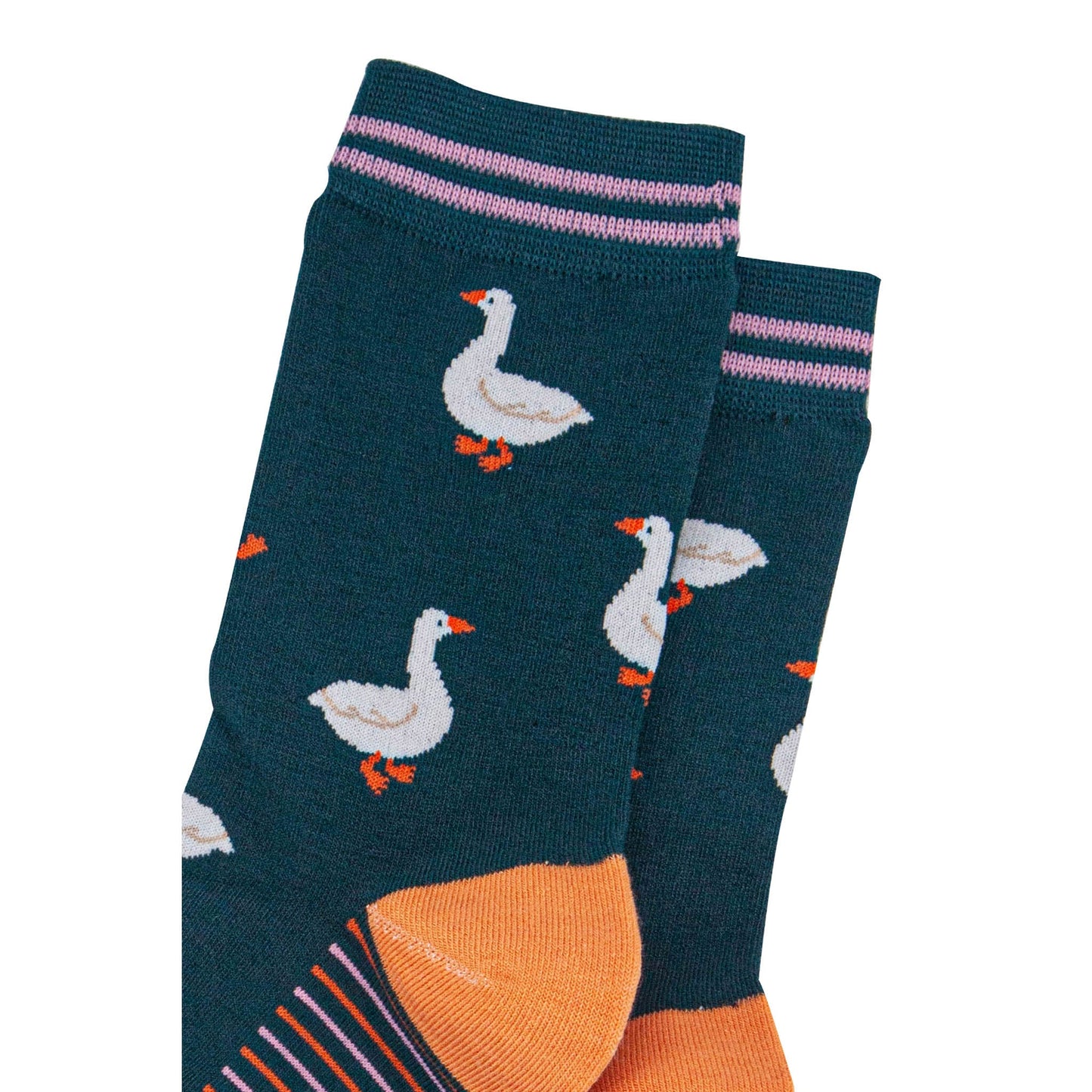 womens-bamboo-socks-forest-green-pink-silly-goose-close-up