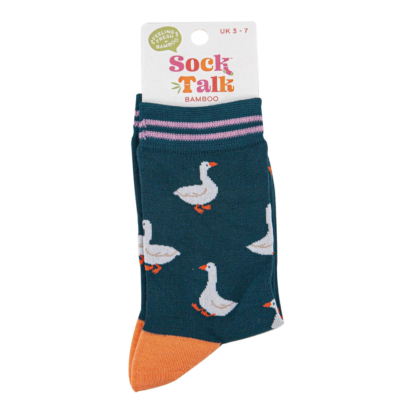 womens-bamboo-socks-forest-green-pink-silly-goose-in-sock-talk-packaging