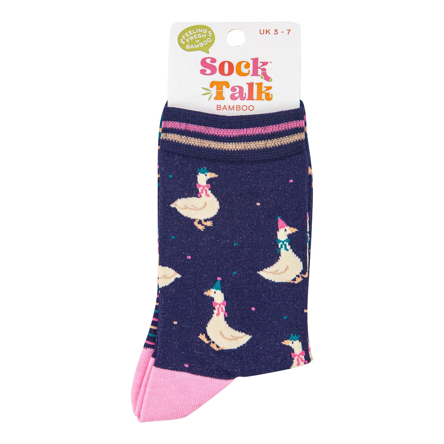 womens-bamboo-socks-navy-blue-teal-silly-goose-in-sock-talk-packaging