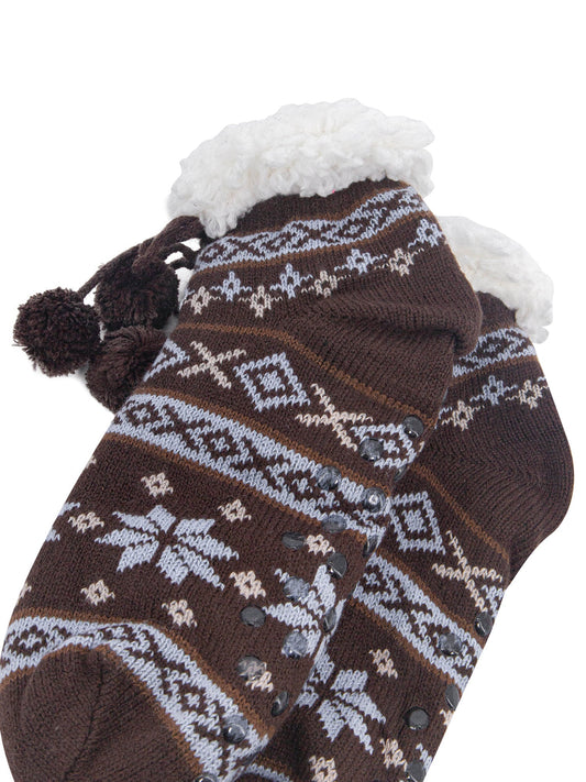 Nordic-Snowflake-Short-Slipper-Socks-in-Brown-Close-Up