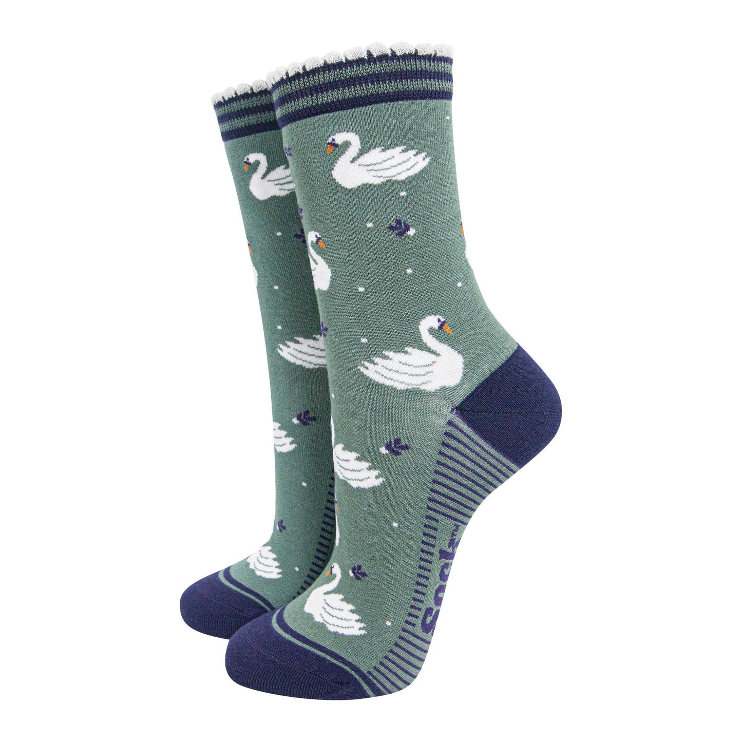 womens-bamboo-socks-sage-green-navy-blue-swans-birds