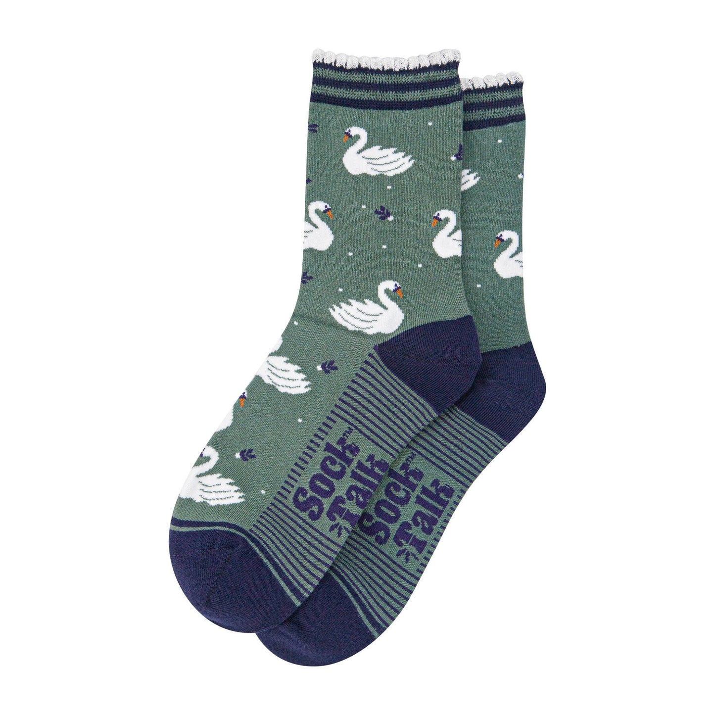 womens-bamboo-socks-sage-green-navy-blue-swans-laying-flat