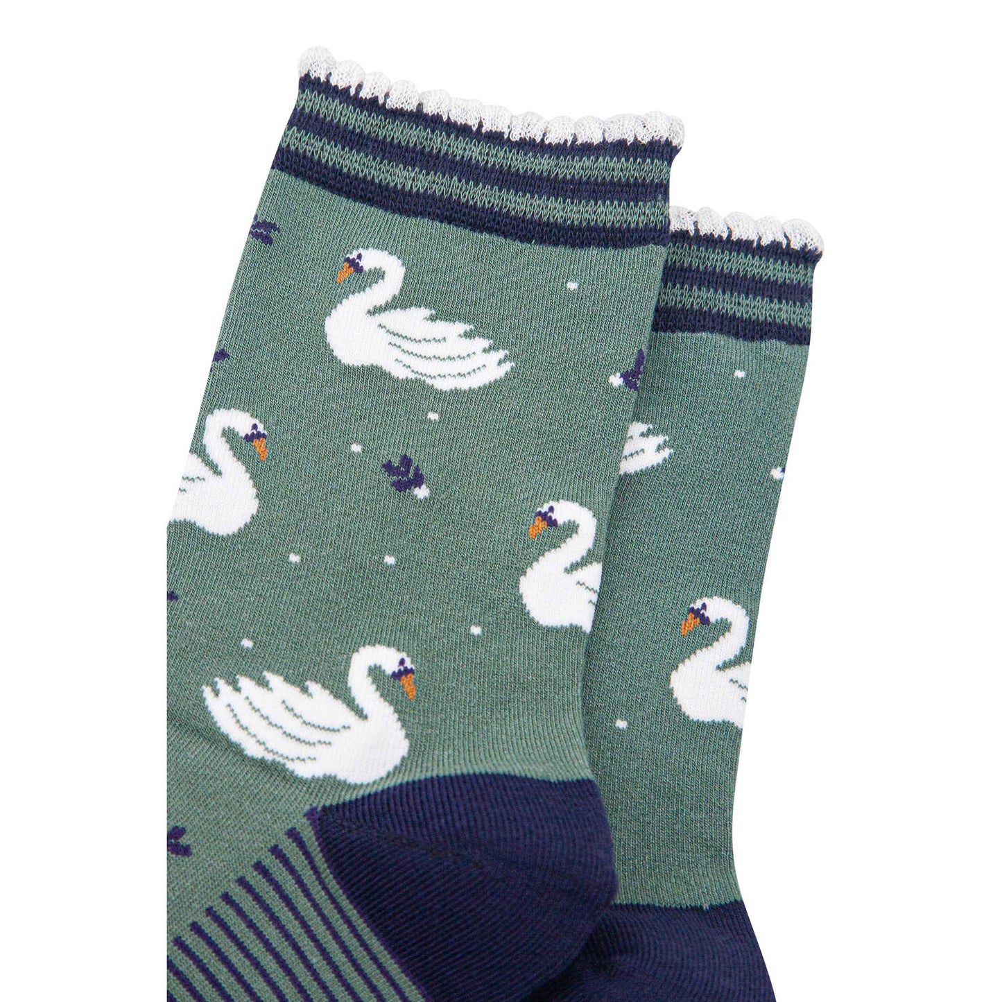 womens-bamboo-socks-sage-green-navy-blue-swans-close-up