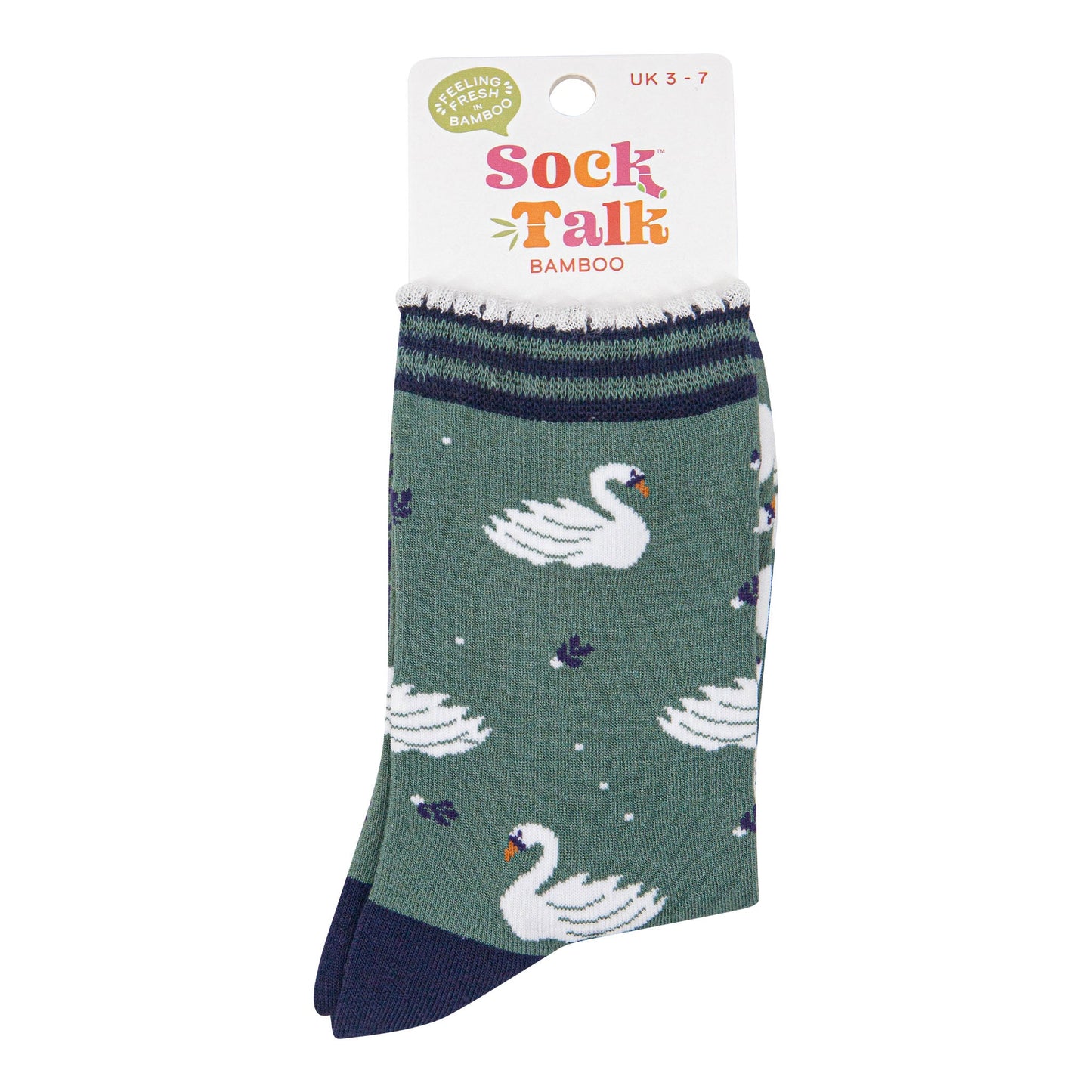 womens-bamboo-socks-sage-green-navy-blue-swans-in-sock-talk-packaging