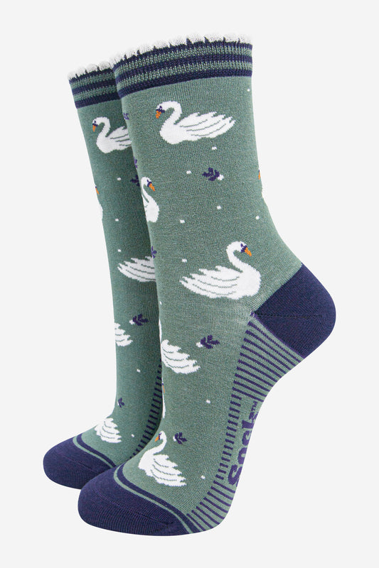 womens-bamboo-socks-sage-green-navy-blue-swans-birds