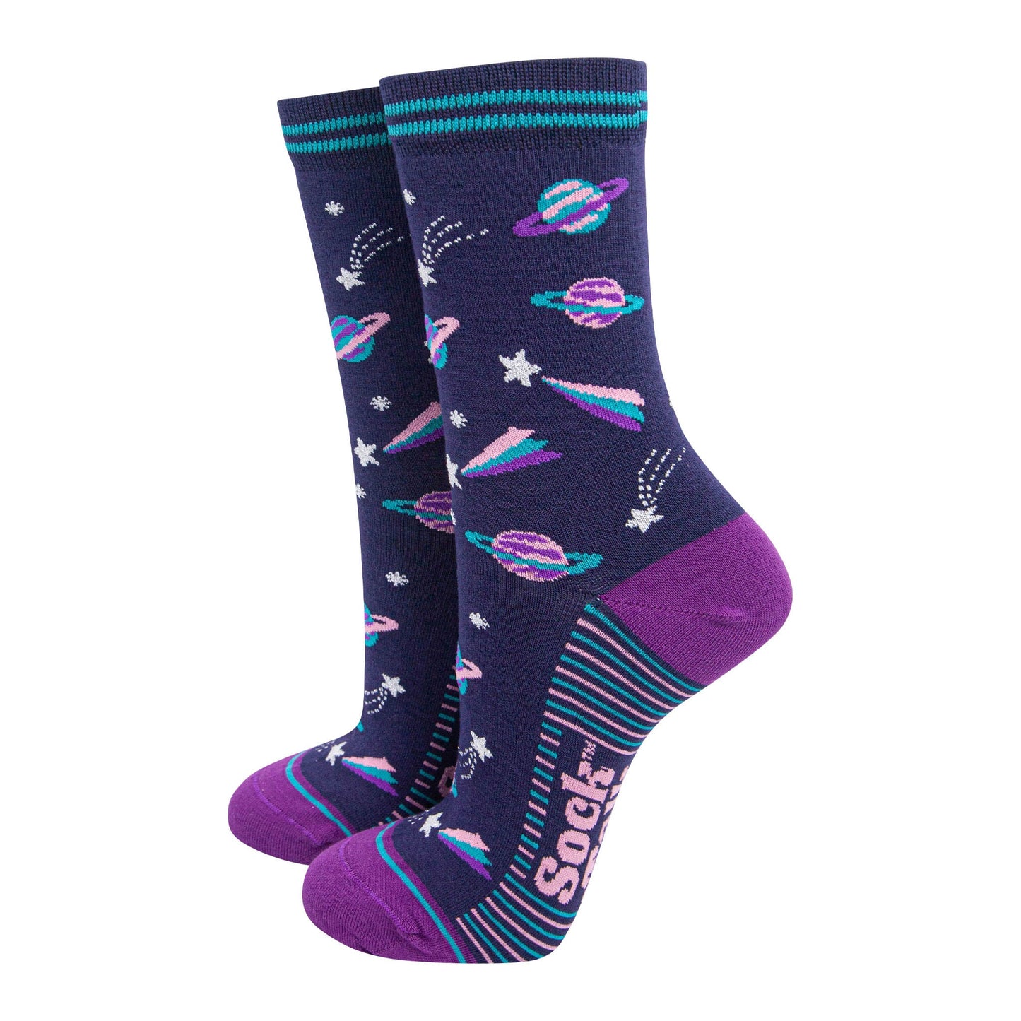 womens-bamboo-socks-navy-blue-purple-outer-space-planets-stars