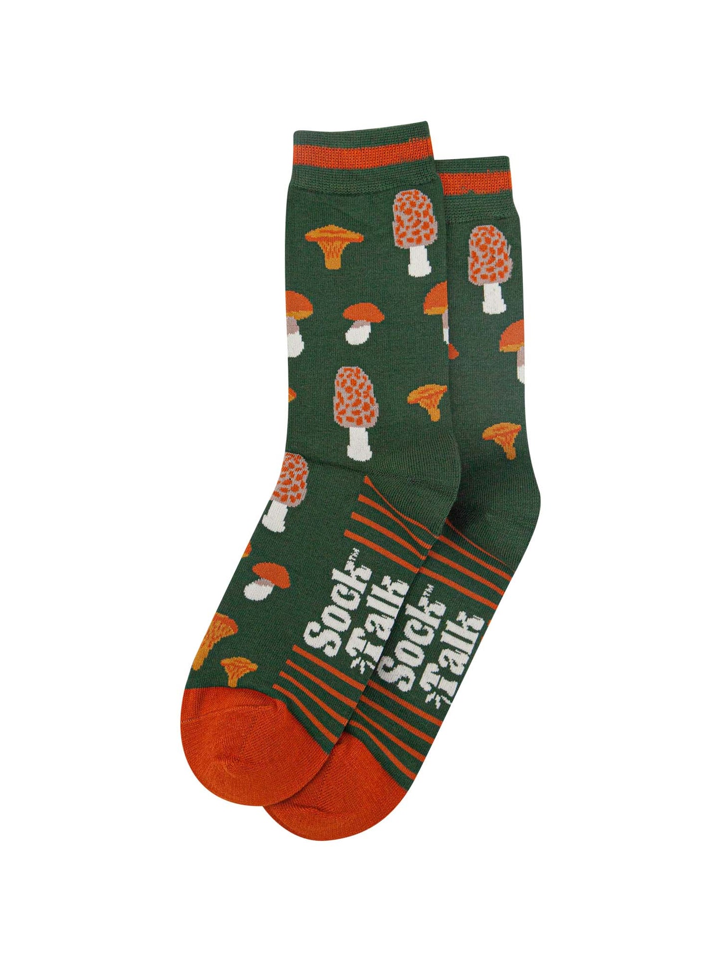 mens-bamboo-socks-khaki-mushroom-foraging-laying-flat-repeating-wild-mushrooms