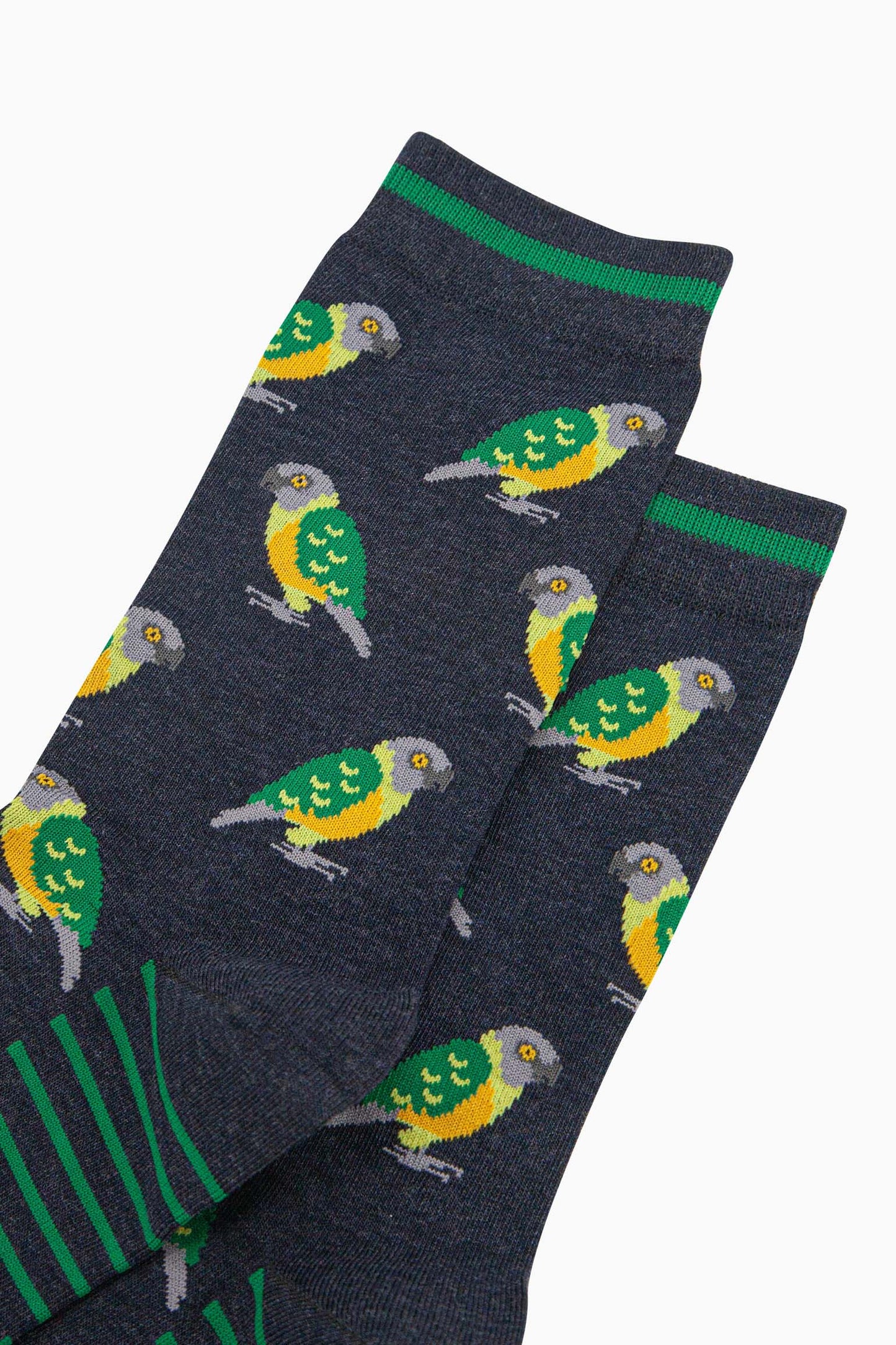 mens-bamboo-socks-navy-senegal-parrot-close-up-birds-are-green-yellow-grey-curved-beaks
