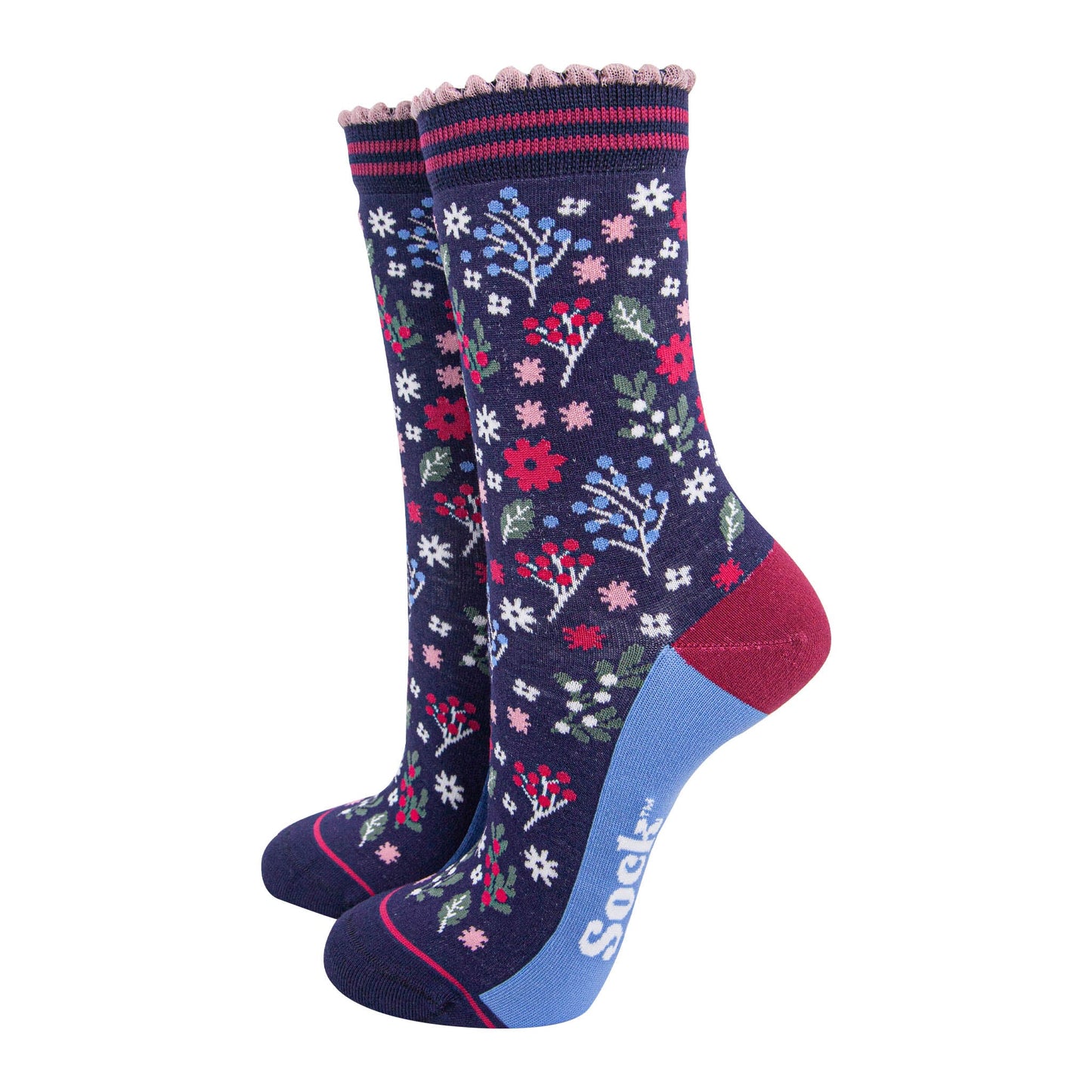womens-bamboo-socks-navy-blue-winter-floral-gardens