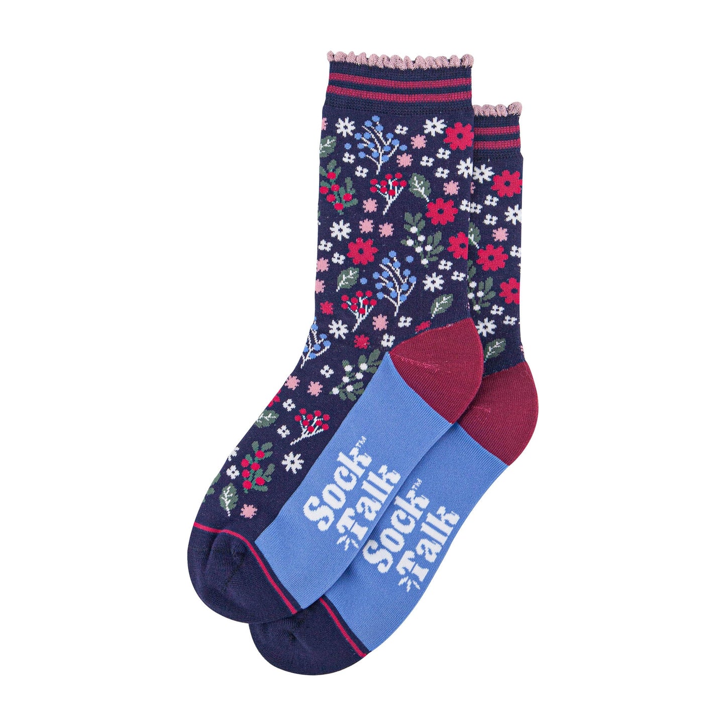womens-bamboo-socks-navy-blue-winter-floral-laying-flat