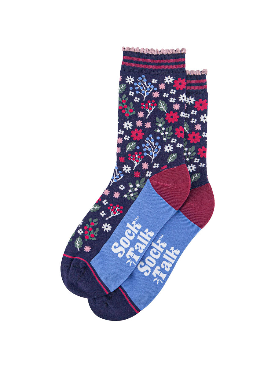 womens-bamboo-socks-navy-blue-winter-floral-laying-flat