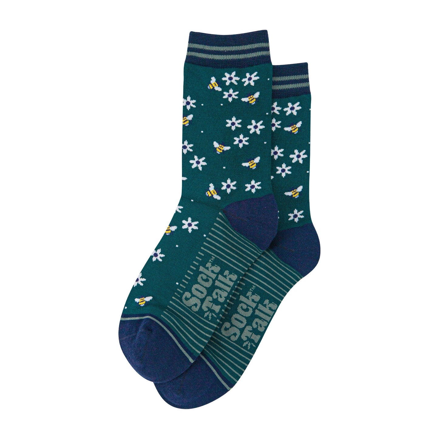 womens-bamboo-socks-forest-green-navy-blue-bee-and-flowers-laying-flat
