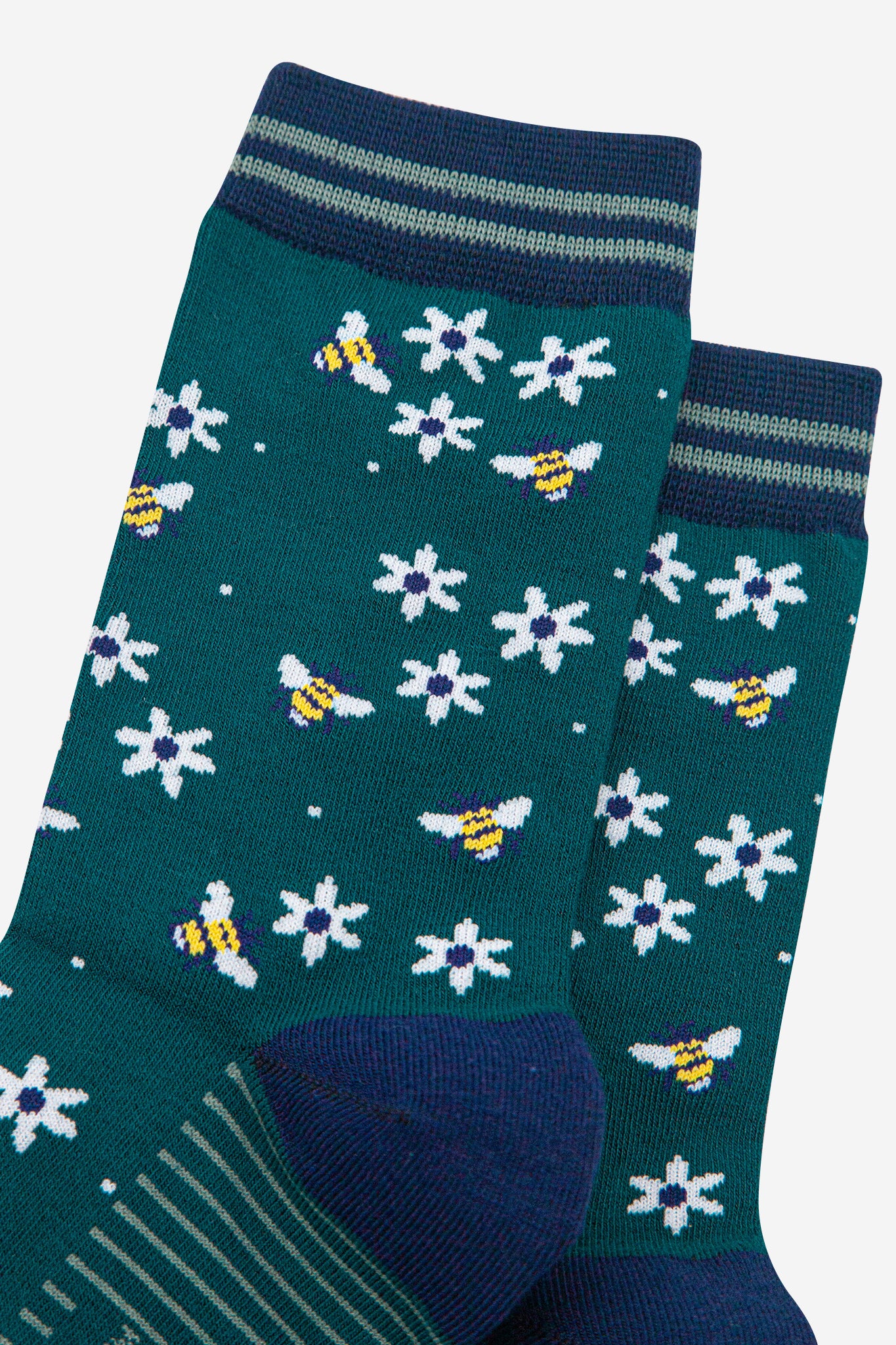 womens-bamboo-socks-forest-green-navy-blue-bee-and-flowers-close-up