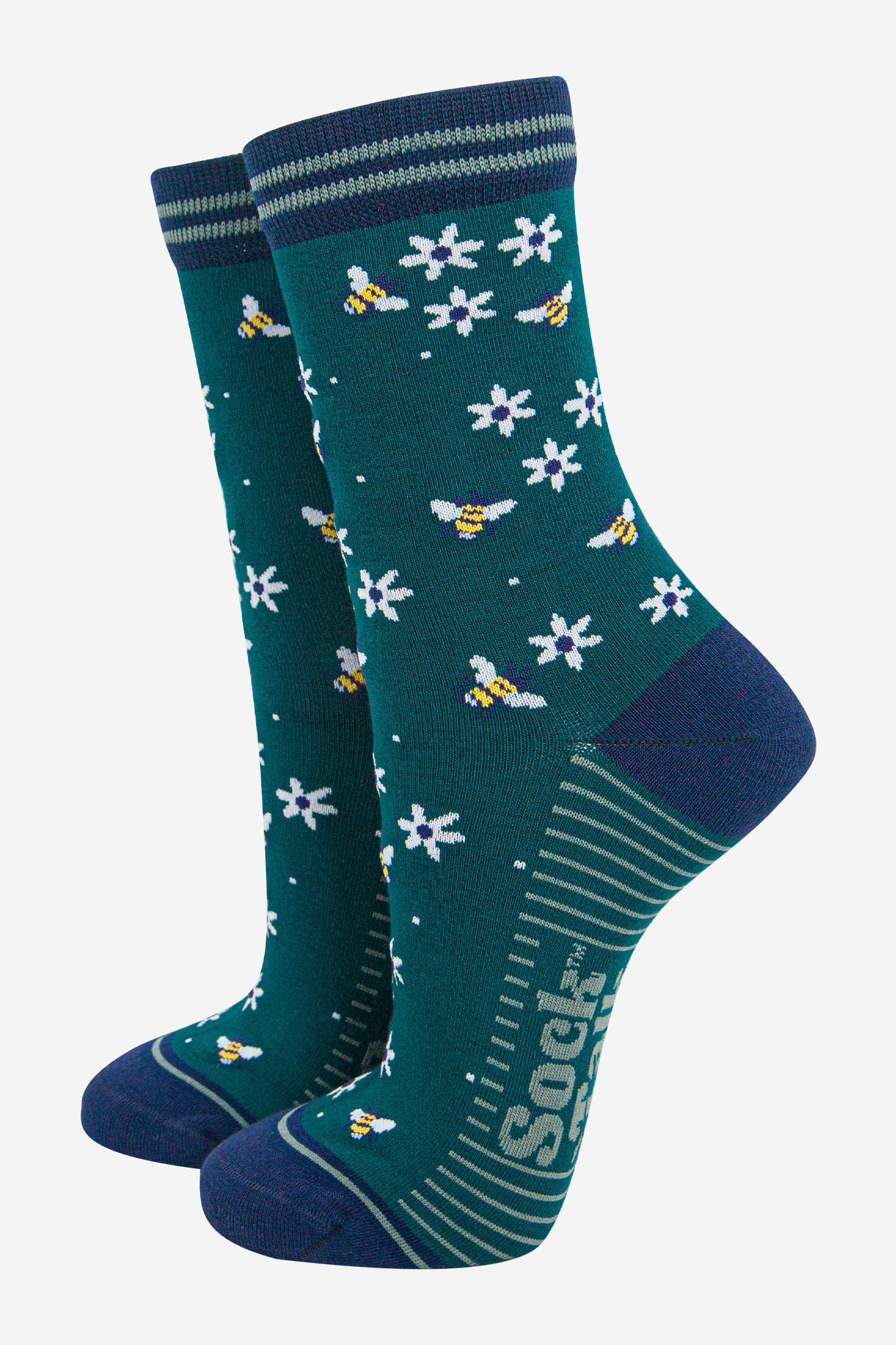 womens-bamboo-socks-forest-green-navy-blue-bee-and-flowers-bumblebees