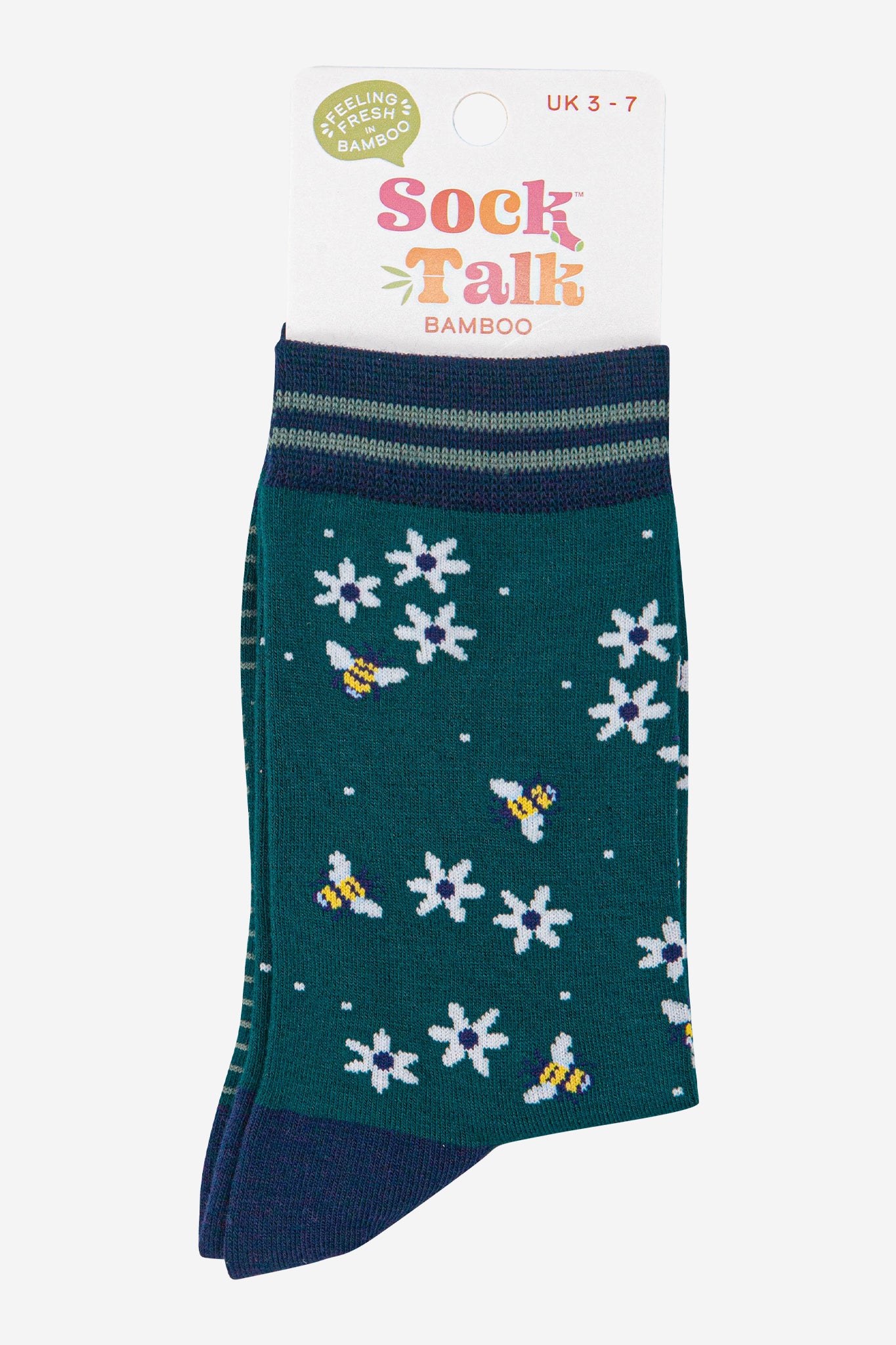 womens-bamboo-socks-forest-green-navy-blue-bee-and-flowers-in-sock-talk-packaging