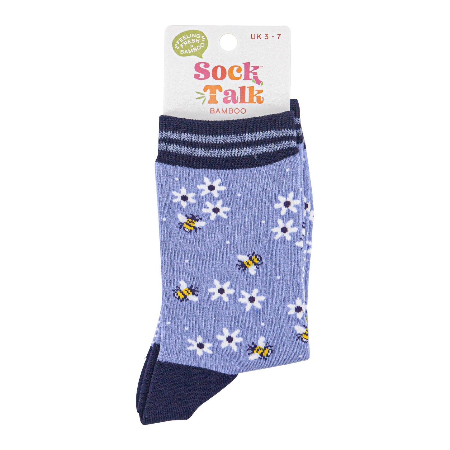 womens-bamboo-socks-sky-blue-navy-blue-bee-and-flowers-in-sock-talk-packaging