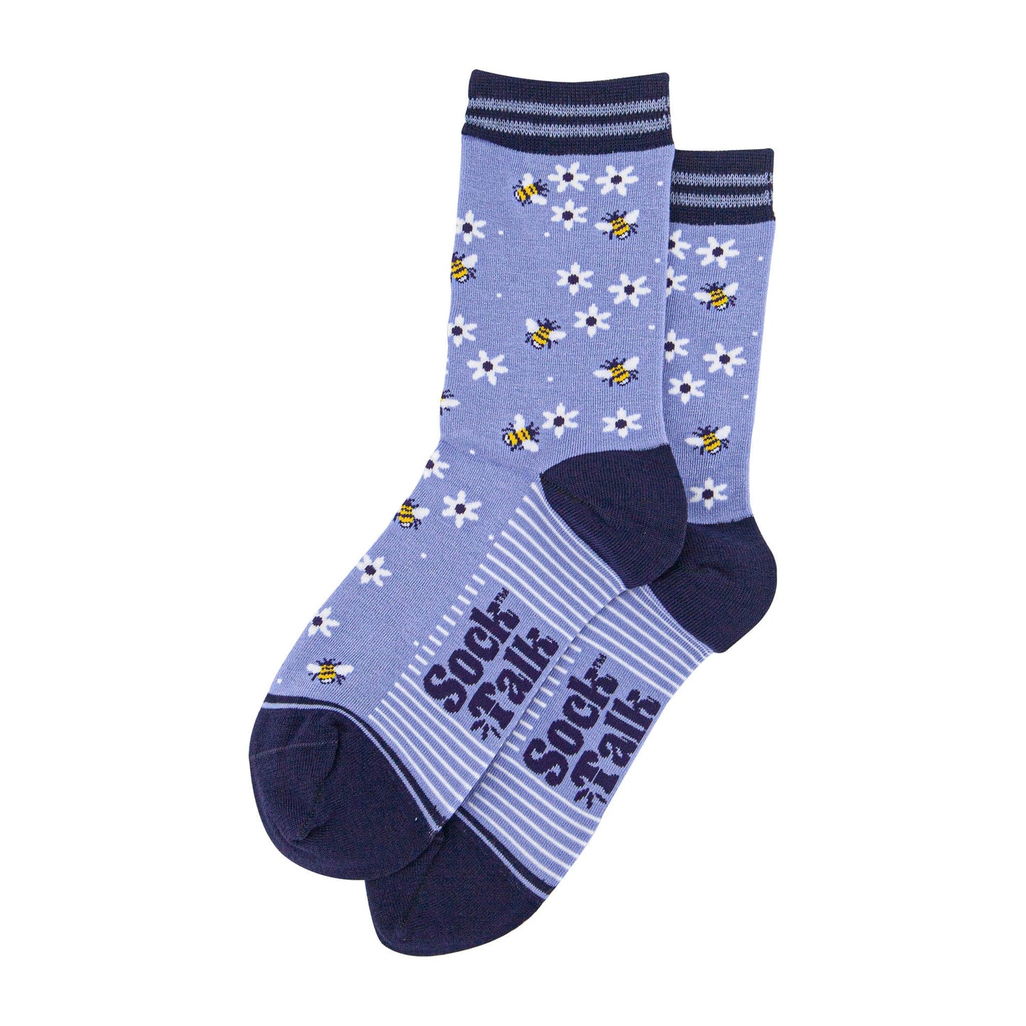 womens-bamboo-socks-sky-blue-navy-blue-bee-and-flowers-laying-flat