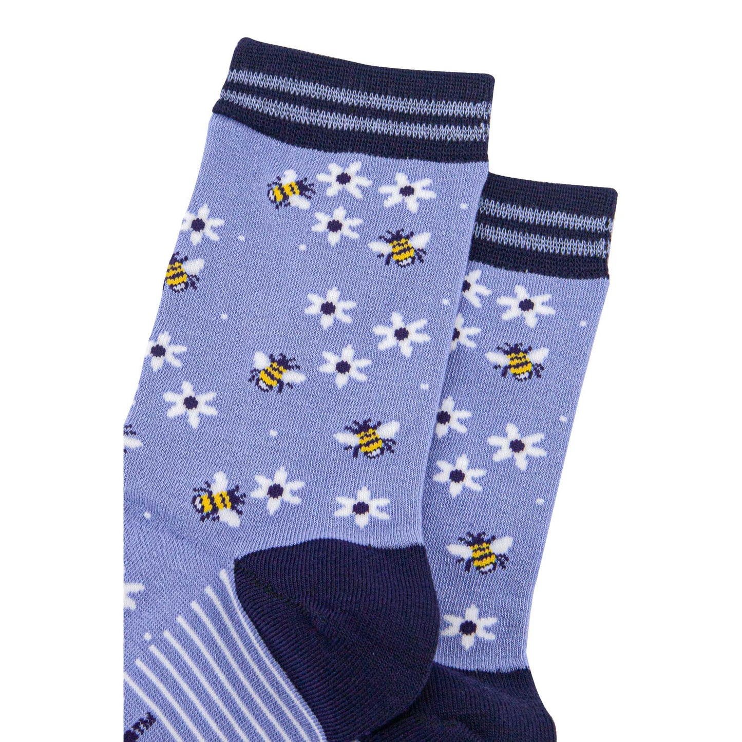 womens-bamboo-socks-sky-blue-navy-blue-bee-and-flowers-close-up