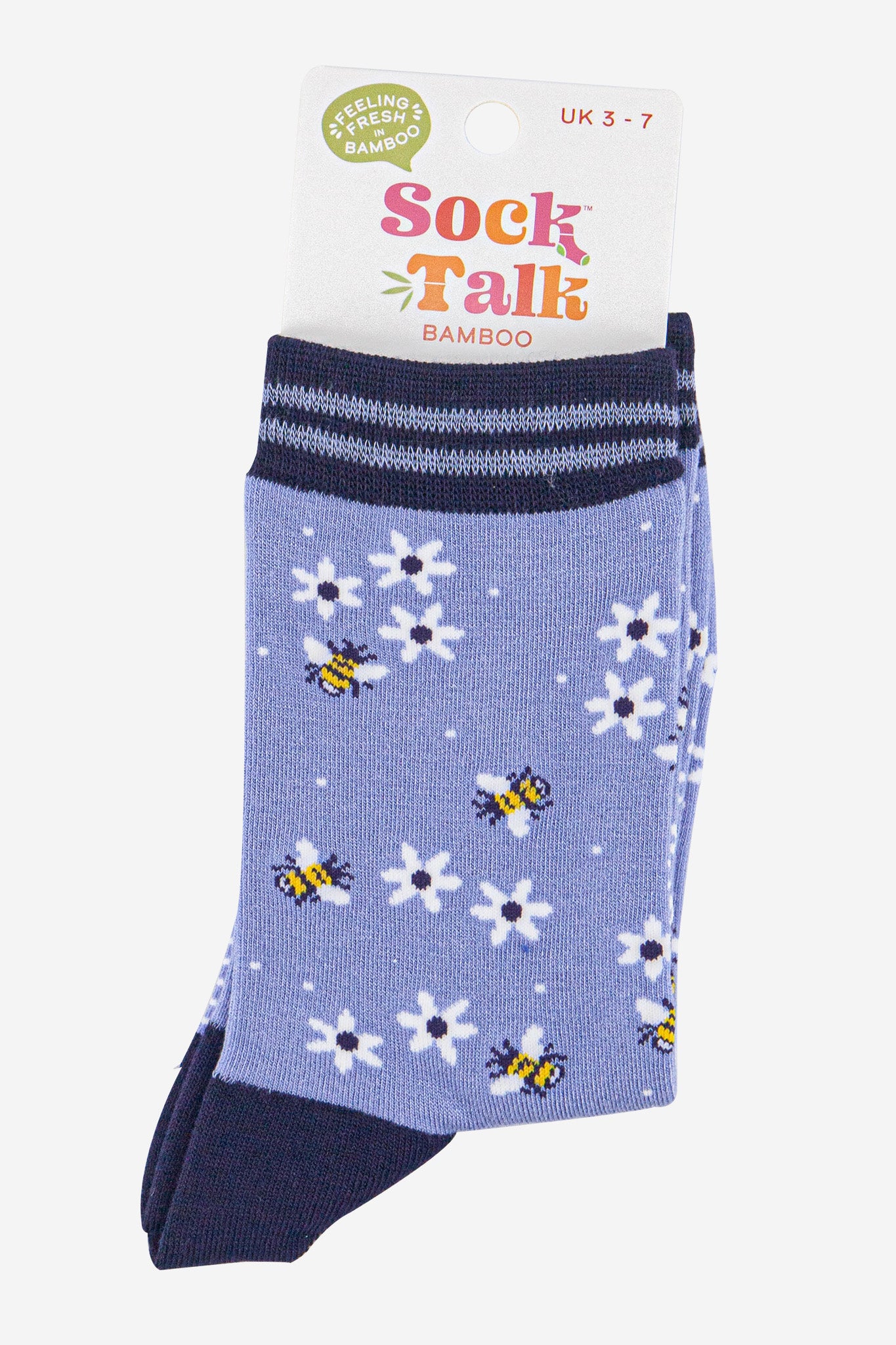 womens-bamboo-socks-sky-blue-navy-blue-bee-and-flowers-in-sock-talk-packaging