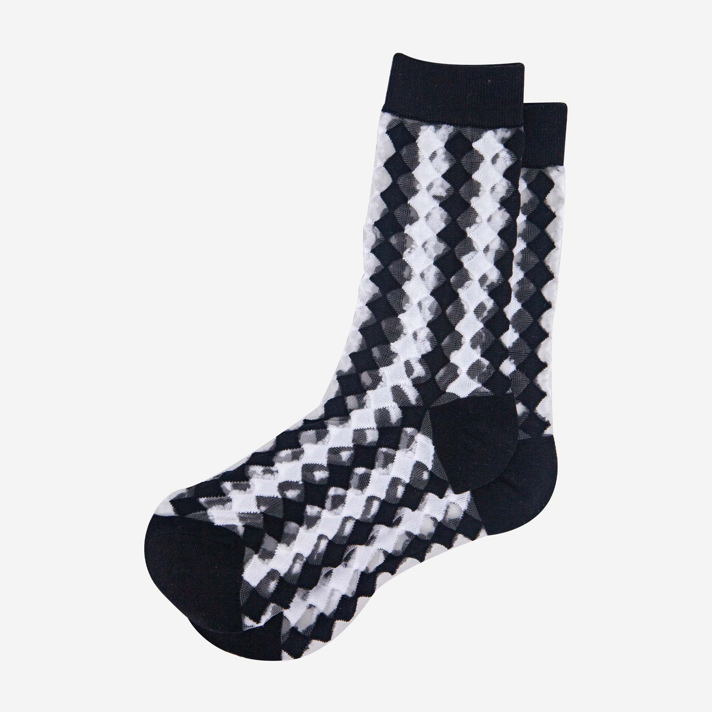womens-sheer-ankle-socks-black-white-diamond-laying-flat-see-through