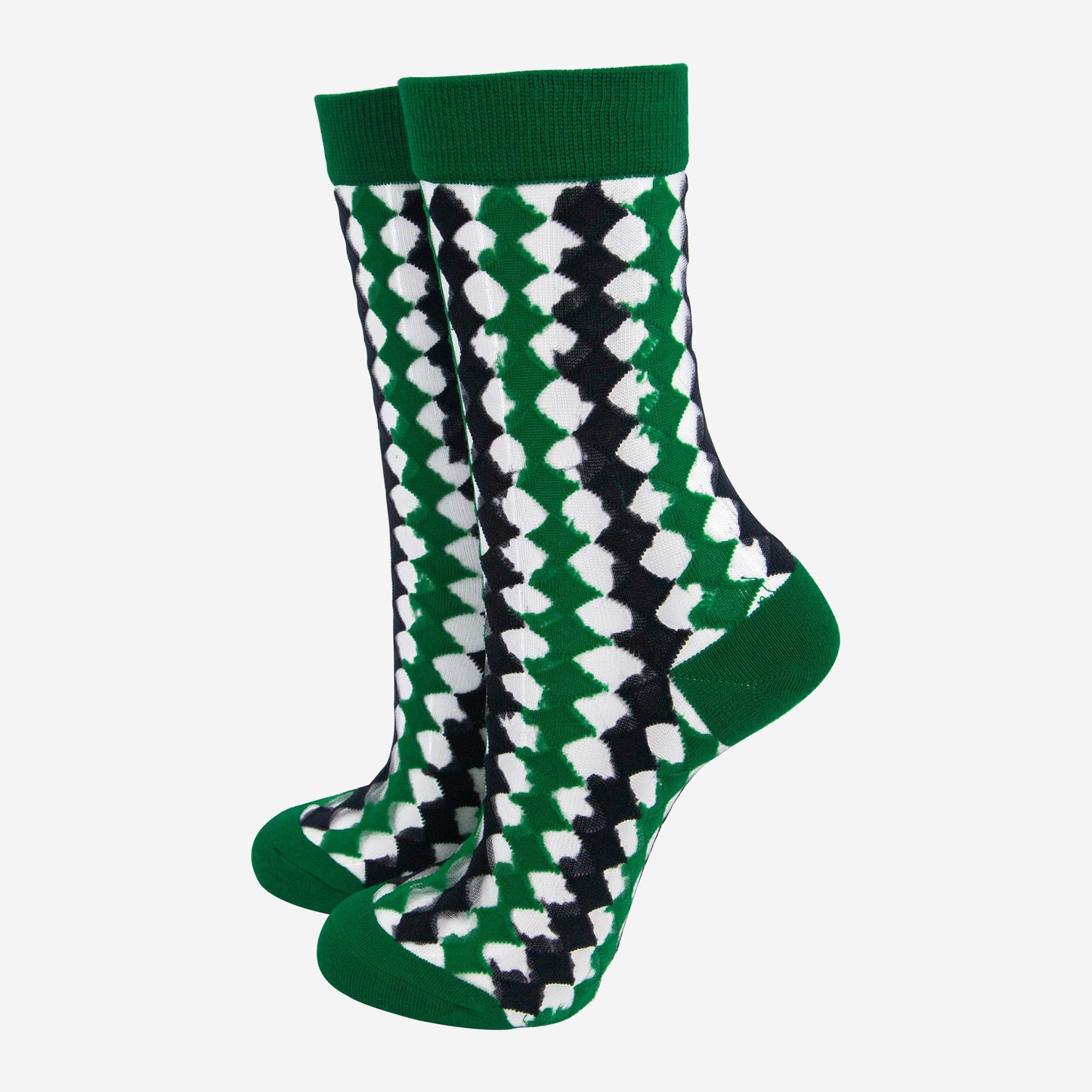 womens-sheer-ankle-socks-green-black-diamond-pattern