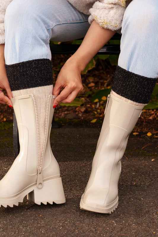 Women's Mid-Calf Socks- Cream/Black, Colour Block