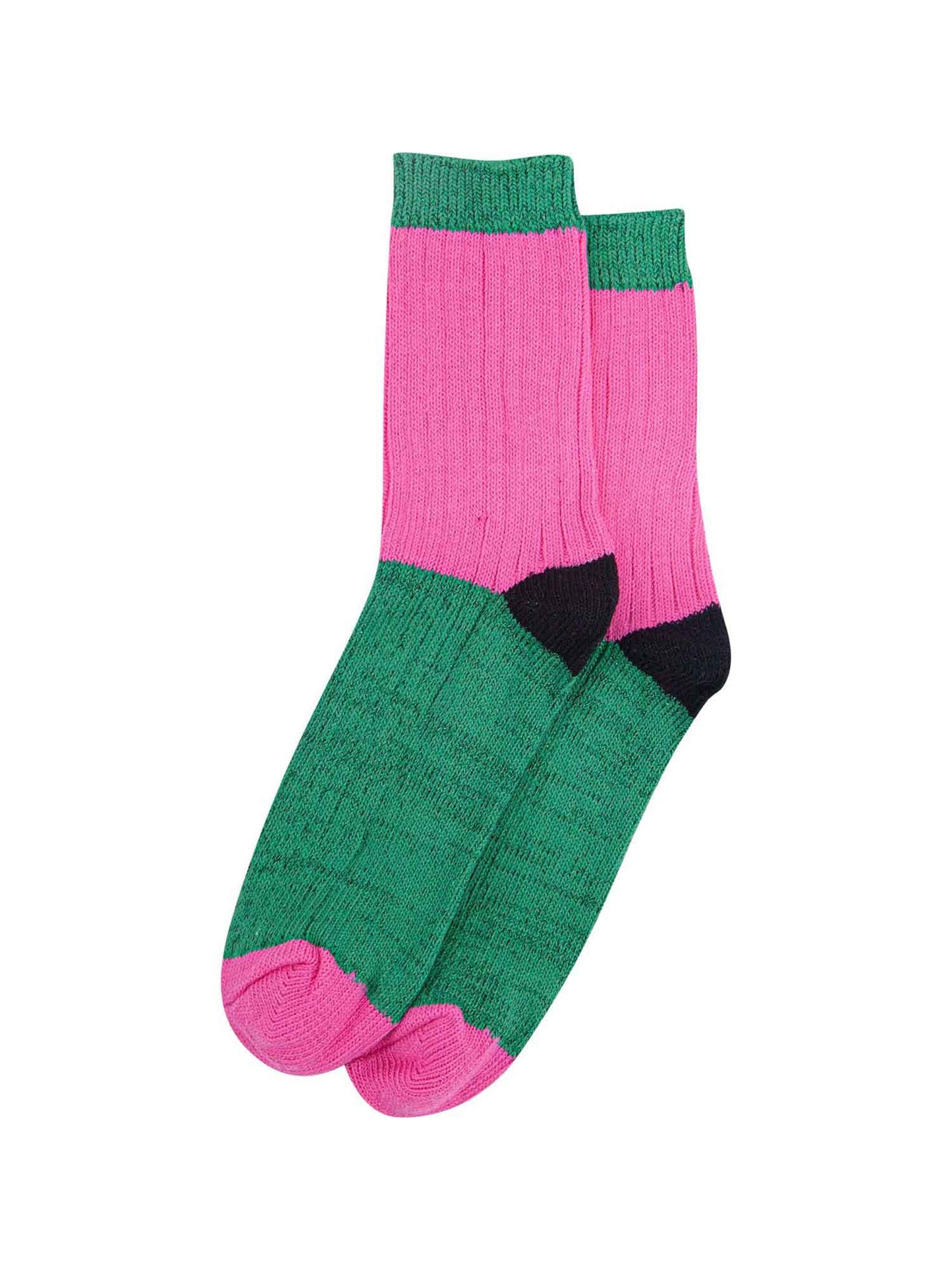 womens-mid-calf-socks-pink-green-colour-block-laying-flat