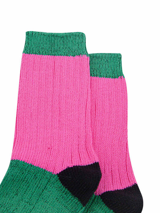 womens-mid-calf-socks-pink-green-colour-block-close-up-ribbed