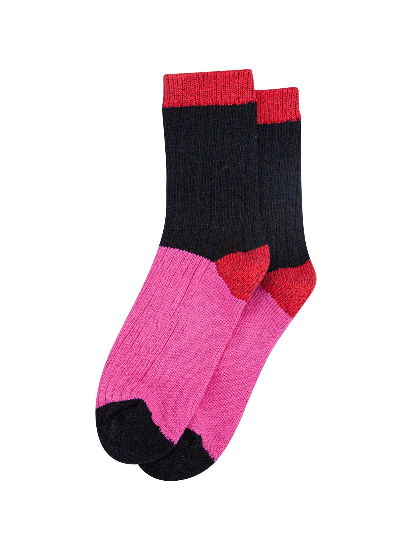 womens-mid-calf-socks-black-pink-colour-block-laying-flat
