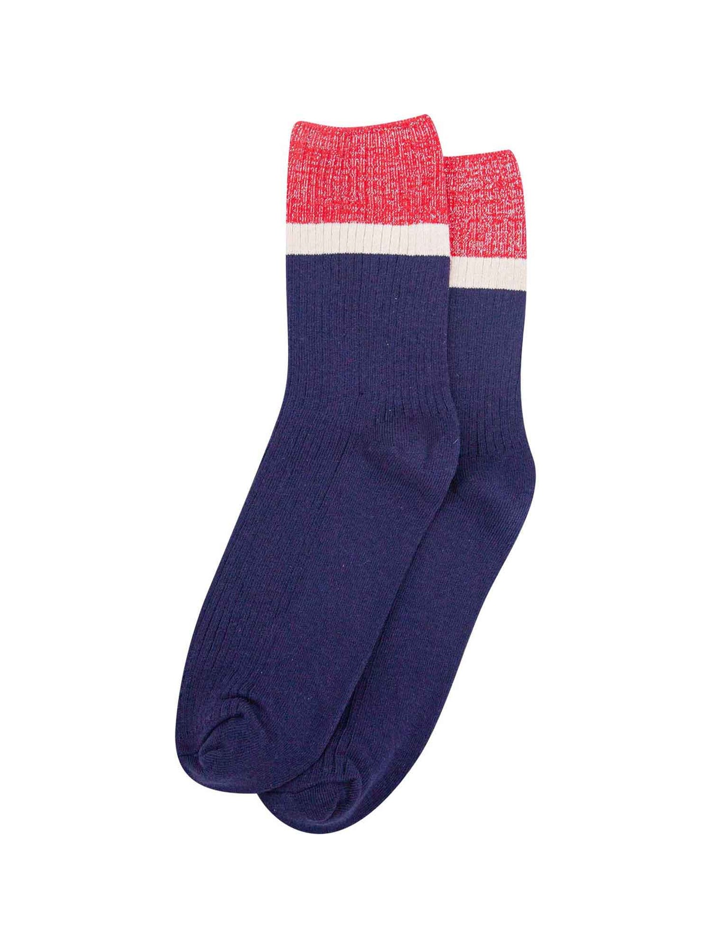 womens-mid-calf-socks-navy-blue-red-contrast-cuff-laying-flat