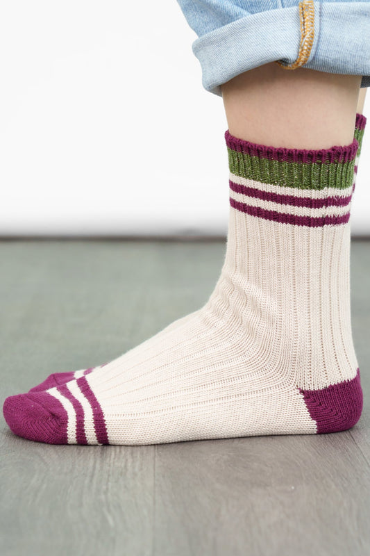 womens-mid-calf-socks-cream-khaki-striped-cuff-ribbed-cotton