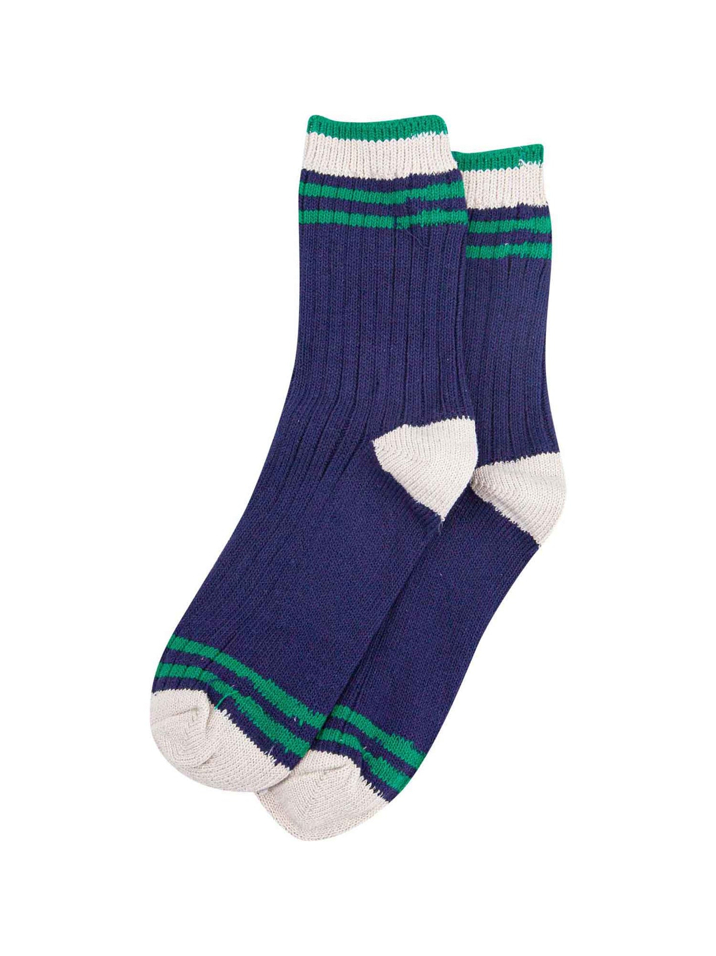 womens-mid-calf-socks-navy-blue-green-striped-cuff-laying-flat
