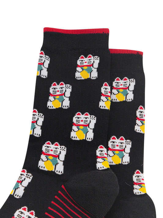 Lucky-Cat-Men's-Bamboo-Socks-in-Black-Close-Up