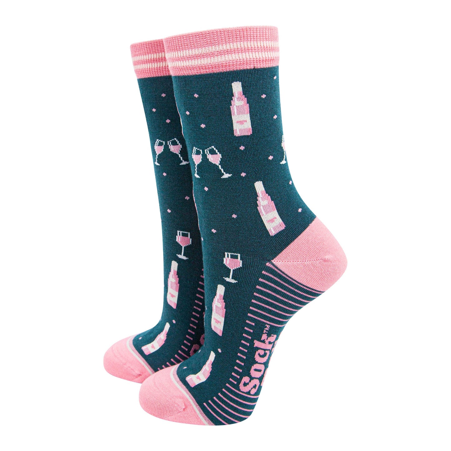womens-bamboo-socks-forest-green-light-pink-rose-wine-bottles-glasses