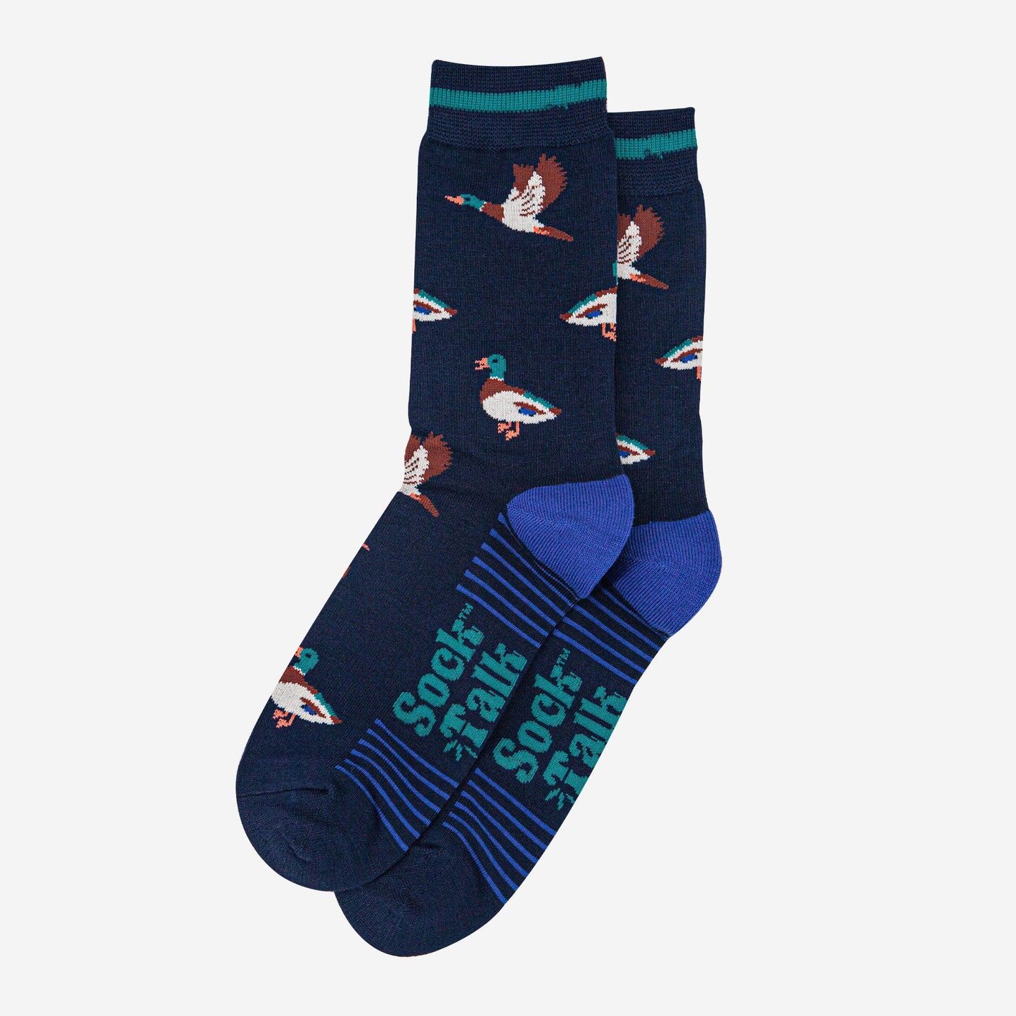 mens-bamboo-socks-navy-blue-royal-blue-mallard-duck-laying-flat